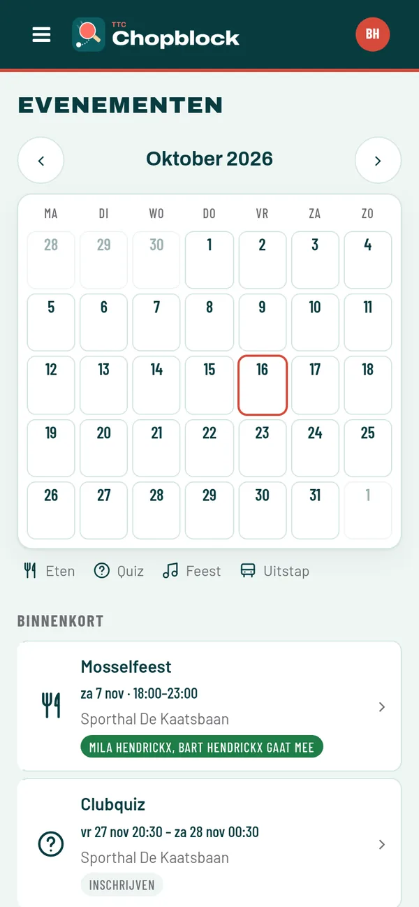 Kalender van evenementen met het Mosselfeest en de Clubquiz, en wie van het gezin er al naartoe gaat.