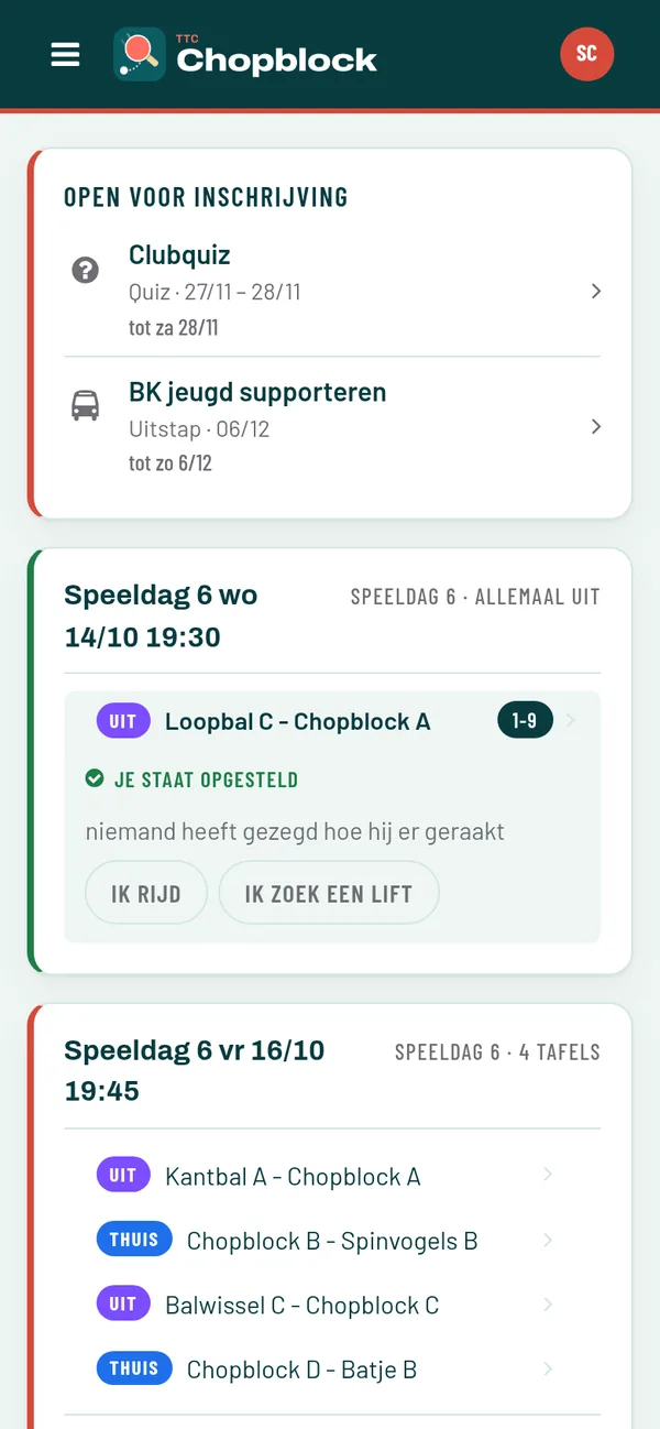 De week in de app: vrijdag 16 oktober spelen vier ploegen, Thomas opent om 19:00, voor het afsluiten staat nog niemand, Geert en Kevin doen de bar.