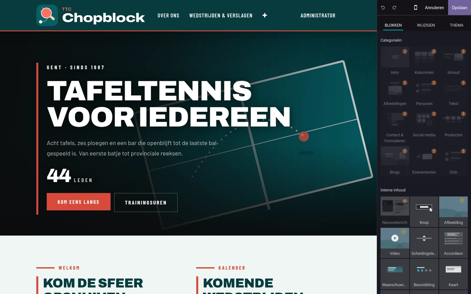 De website in bewerkmodus: rechts de blokken om te slepen, waaronder de clubblokken met wedstrijden, trainingen en sponsors.