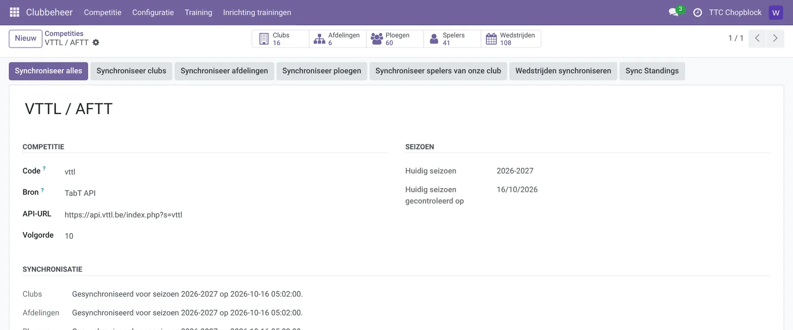 Instellingen van de competitie VTTL/AFTT: clubs, afdelingen, ploegen, spelers, wedstrijden en standen zijn gesynchroniseerd voor seizoen 2026-2027.