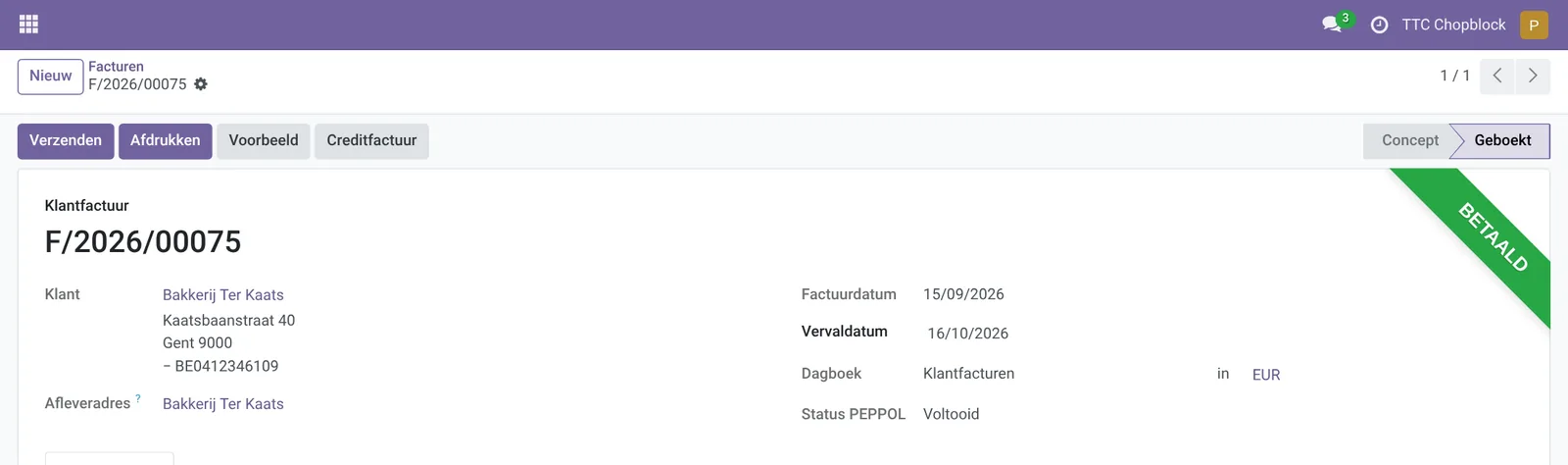 De sponsorfactuur van Bakkerij Ter Kaats in de boekhouding, betaald, met status Peppol voltooid.