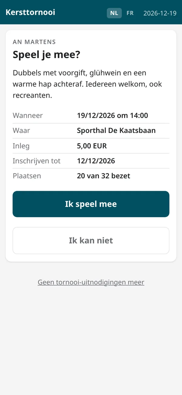 Uitnodiging voor het Kersttornooi: speel je mee? Met datum, plaats, inleg en knoppen Ik speel mee en Ik kan niet.