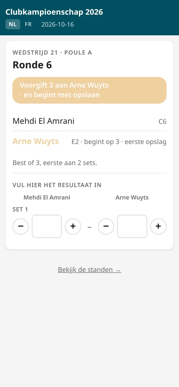 Een wedstrijd op de telefoon na het scannen, klaar om de sets in te geven.