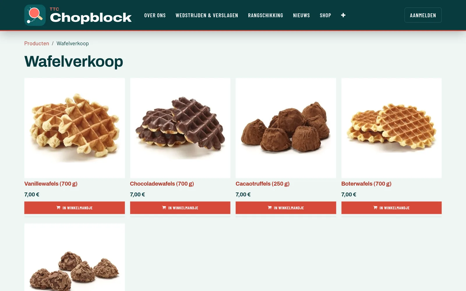 De webshop van TTC Chopblock met de wafelverkoop: vanillewafels, chocoladewafels en cacaotruffels.